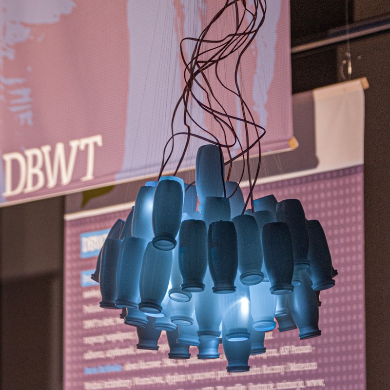 Upcycled lamp «Milk Product» designed by Daria Burlińska on VivaLED show at «Design Institute», Warsaw, 2008